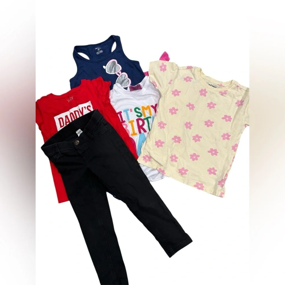 259. Assorted Girls Size 4 Tops & Tee Pack — Pink Floral, Navy, Red, White